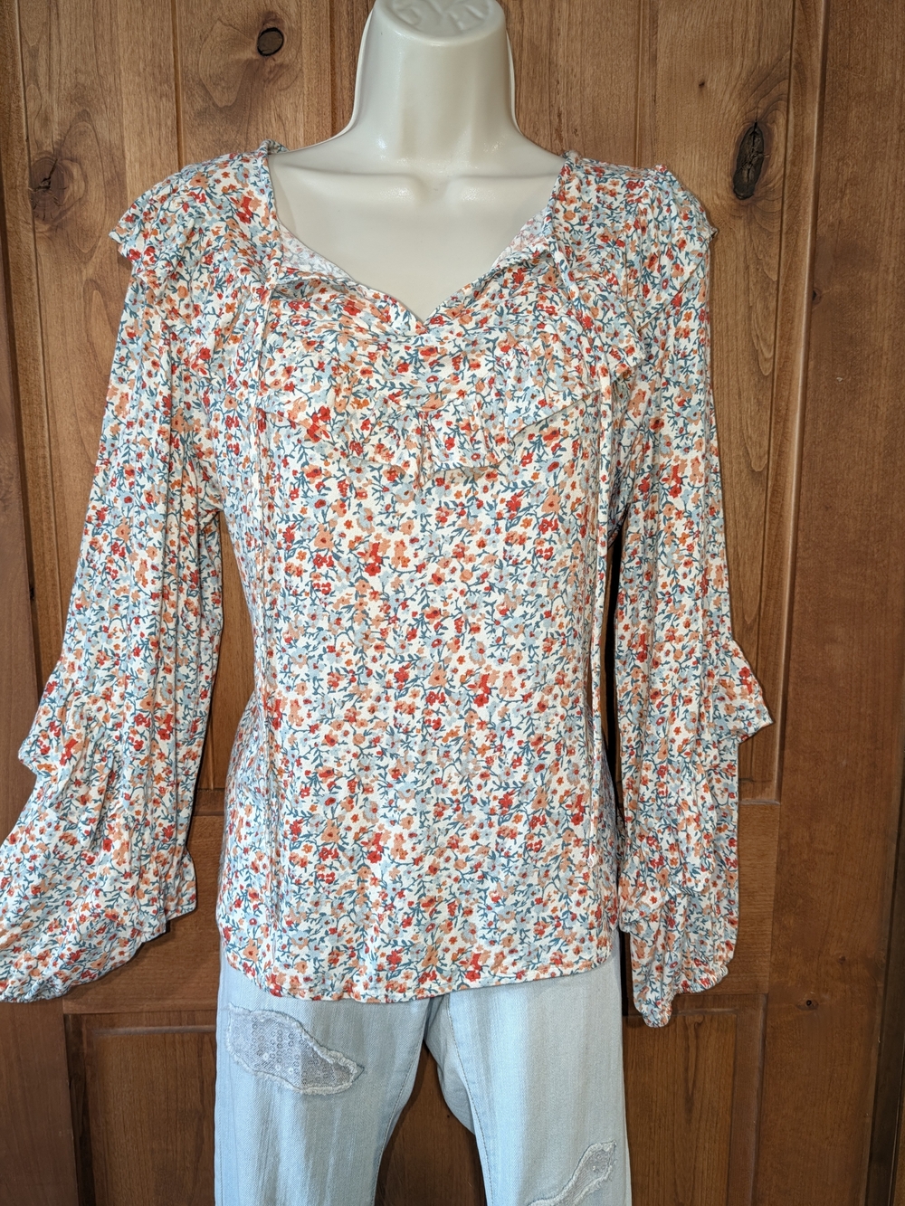 Sonoma Cream Floral Ruffle Blouse Red Teal And Coral